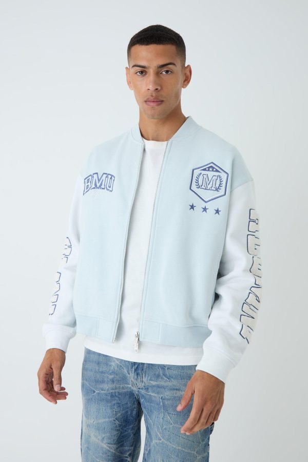 Oversized Boxy Varsity Applique Jersey Bomber Jacket - Image 3