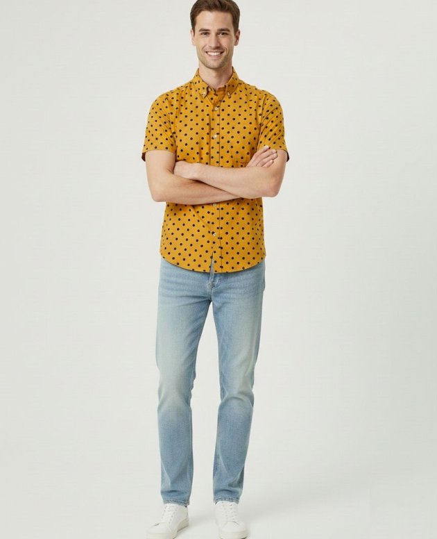 Yellow Linen Casual Shirt for Men – Half Sleeves with Black Dot Print