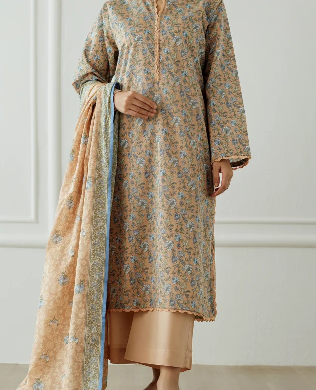 Orient OTL-25-301/U Brown Unstitched 3 Piece Printed Lawn Suit for Women