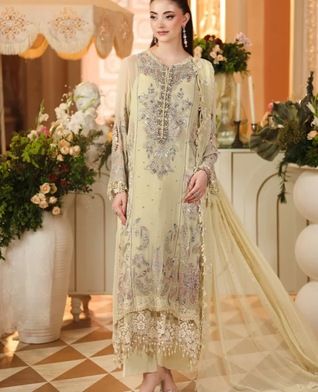 Maria B Royale Tea Affair chiffon 3 piece suit D#08 lime yellow