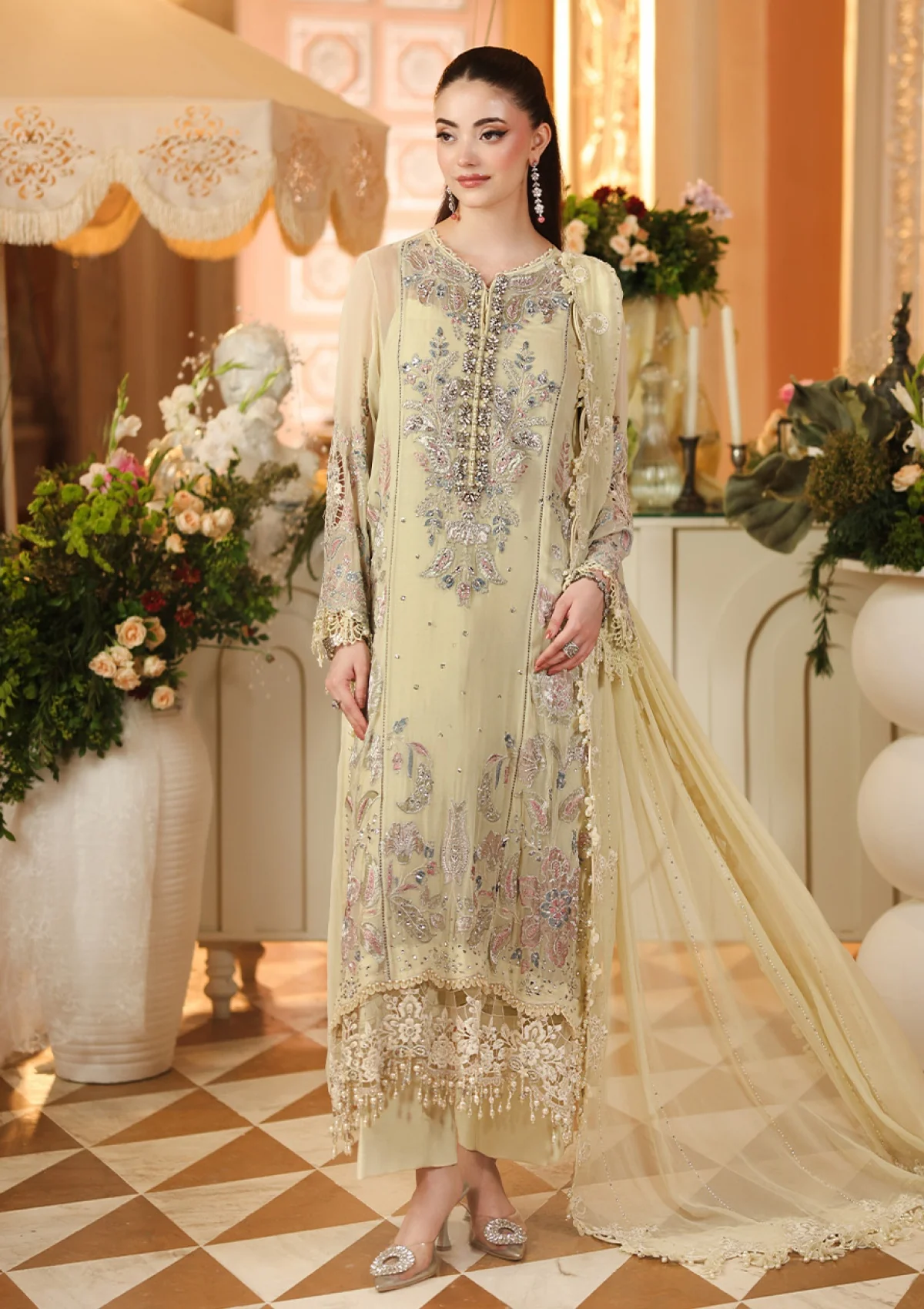 Maria B Royale Tea Affair chiffon 3 piece suit D#08 lime yellow