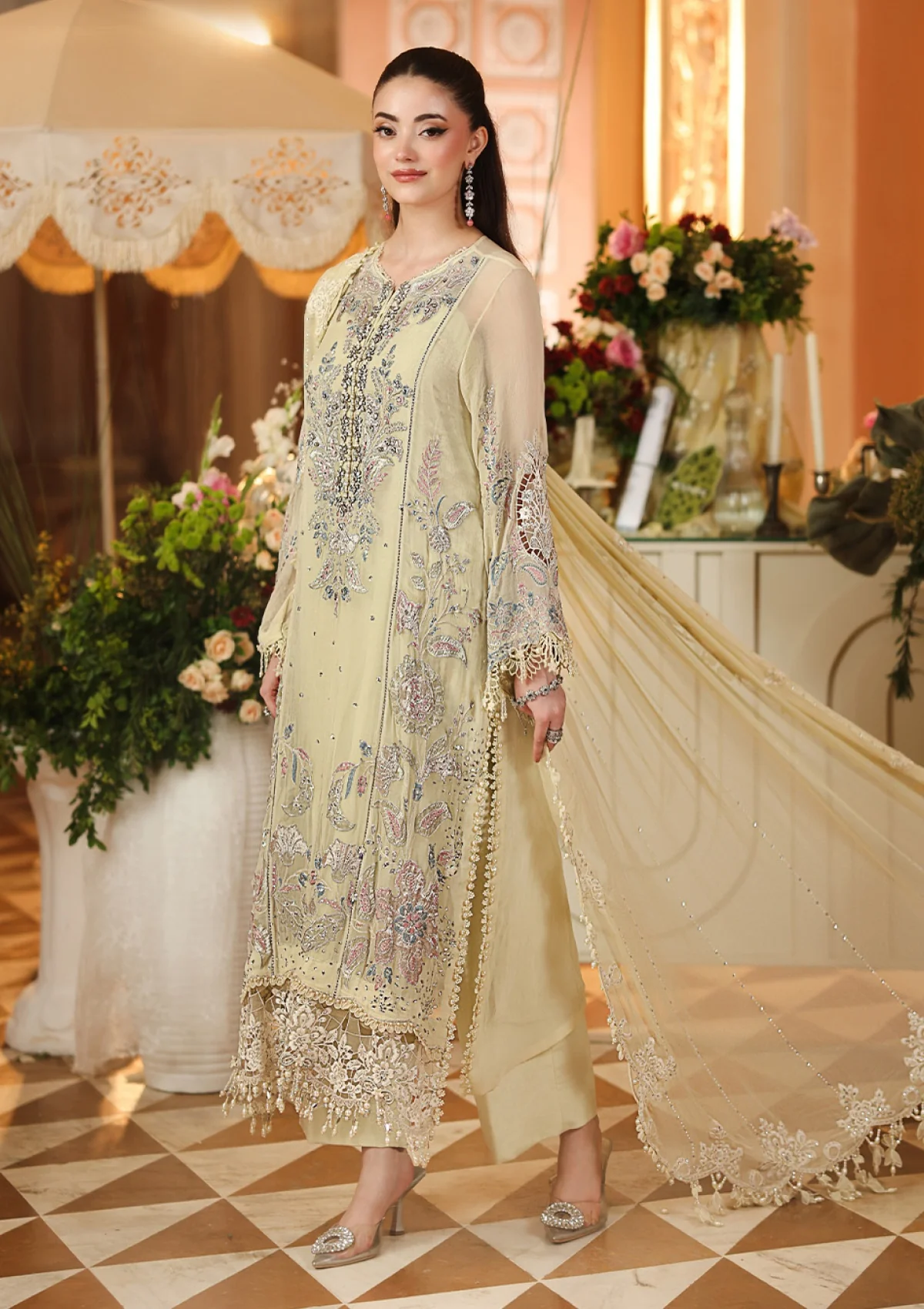 Maria B Royale Tea Affair chiffon 3 piece suit D#08 lime yellow