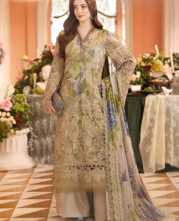Maria B Royale Tea Affair embroidered Mouse Grey chiffon formal dress
