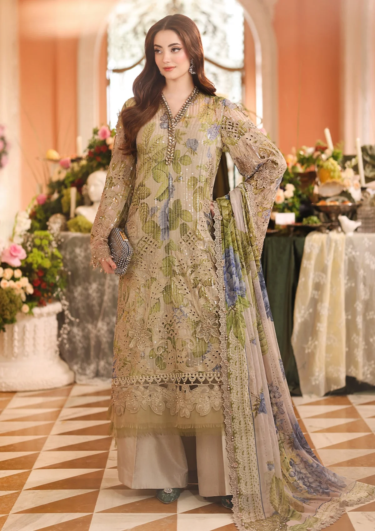 Maria B Royale Tea Affair embroidered Mouse Grey chiffon formal dress