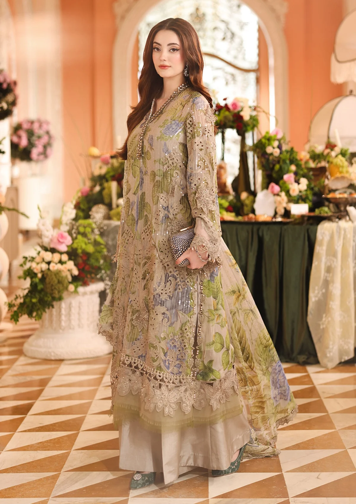 Maria B Royale Tea Affair embroidered Mouse Grey chiffon formal dress