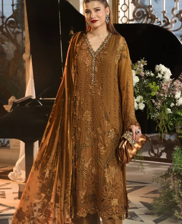 Maria B Royale Tea Affair mustard embroidered chiffon suit, front view