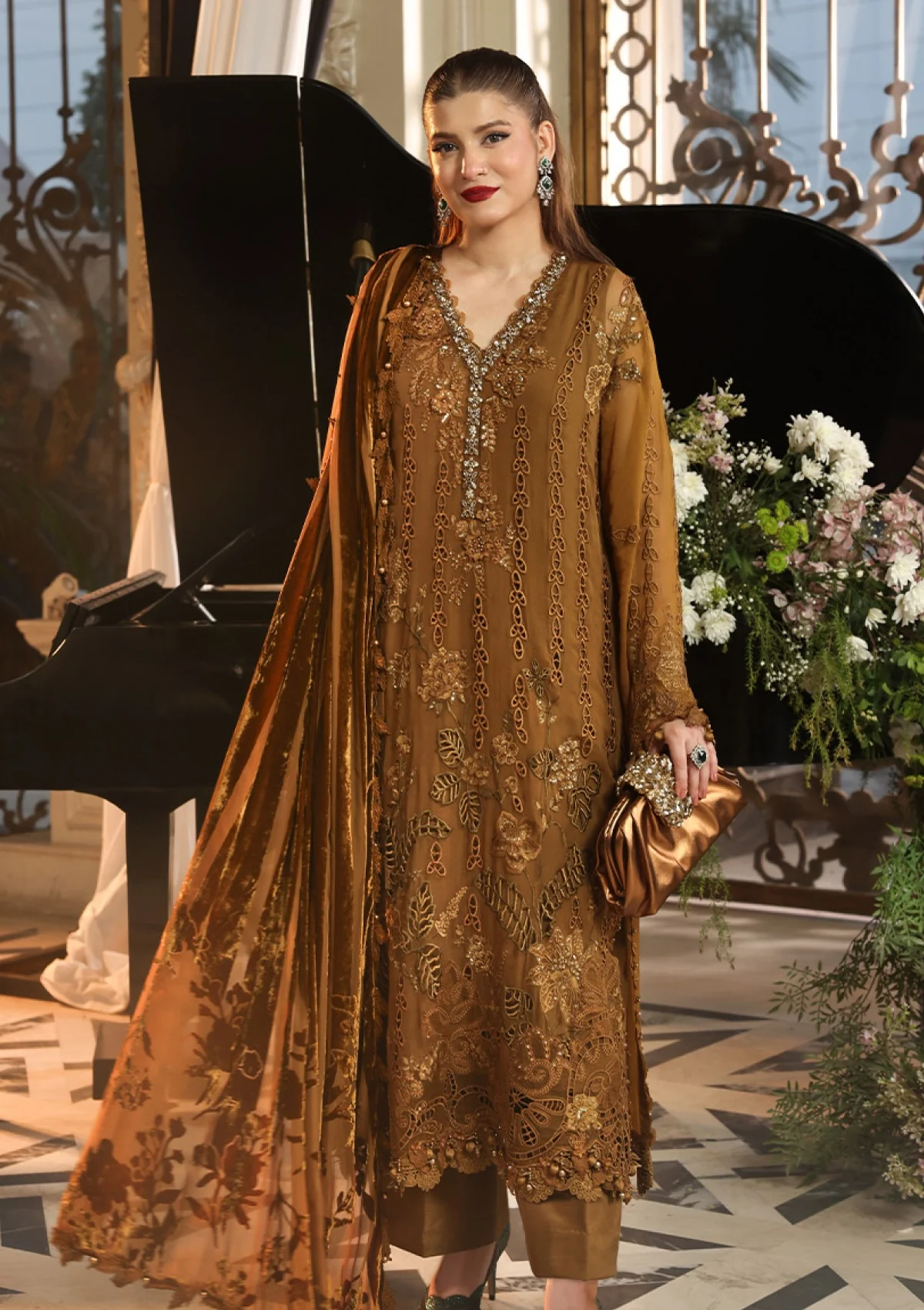 Maria B Royale Tea Affair mustard embroidered chiffon suit, front view