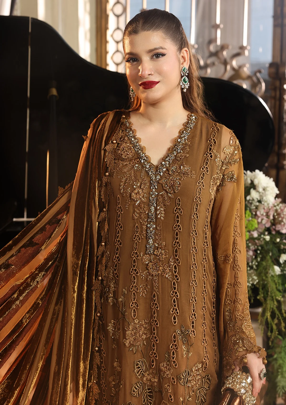Maria B Royale Tea Affair mustard embroidered chiffon suit, front view