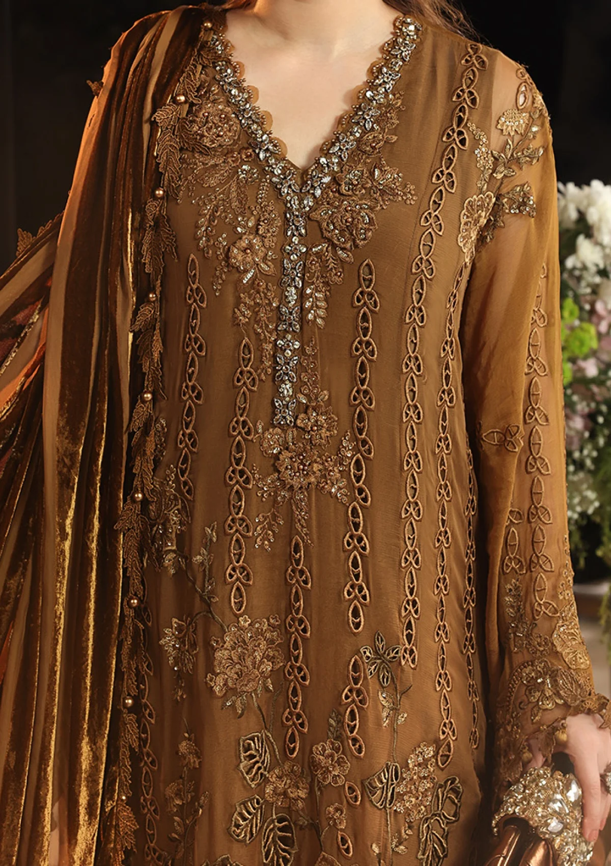 Maria B Royale Tea Affair mustard embroidered chiffon suit, front view