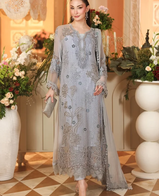 Maria B Royale ice blue embroidered chiffon suit, Tea Affair design D#06